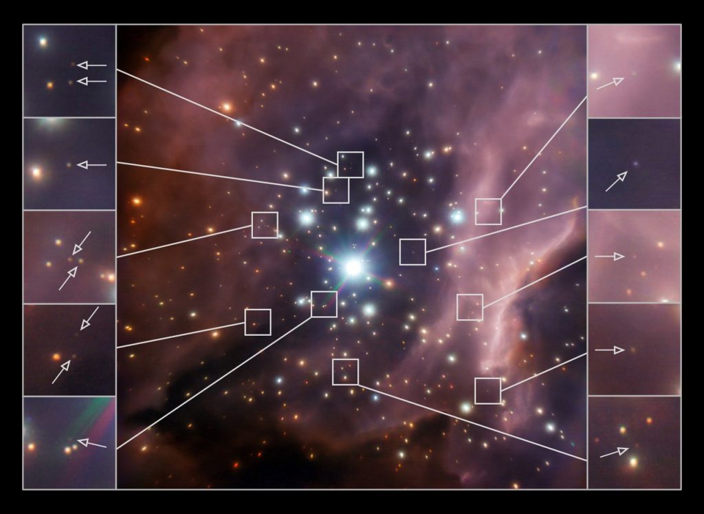 Imagen en falso color en el infrarrojo cercano del cúmulo masivo RCW38, tomada por el instrumento NACO del Very Large Telescope. Cubre un área de 1,5 años luz, y destaca algunas de las candidatas a enanas marrones detectadas. / K. Muzic et. al