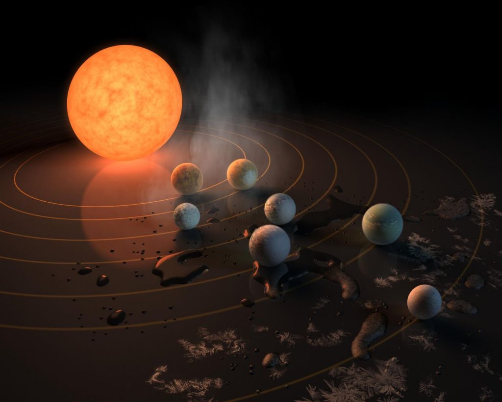 Ilustración artística del sistema TRAPPIST-1, que contiene siete planetas de un tamaño similar a la Tierra que orbitan alrededor de una estrella enana roja. / R. Hurt / NASA /JPL- Caltech