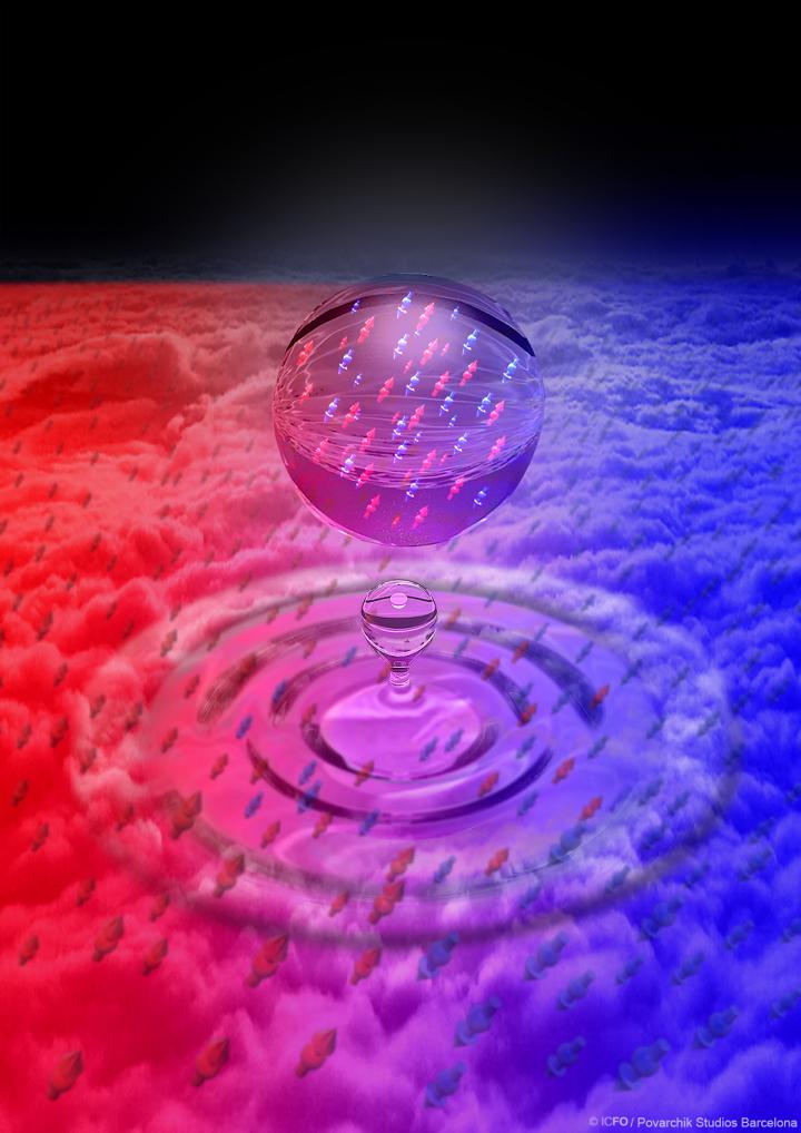 Visión artística de una gota cuántica formada al mezclar dos gases de átomos de potasio ultrafríos. / ICFO/PovarchikStudiosBarcelona
