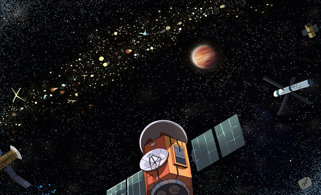 Ilustración de un exocinturón de Clarke con hipotéticos satélites artificiales orbitando alrededor de un mundo desconocido. / Caro Waro