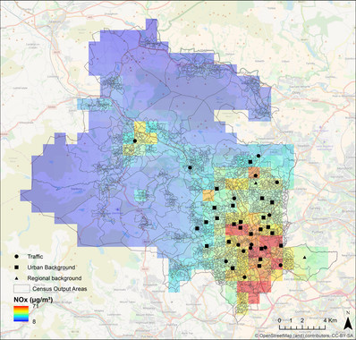 Mapa de la contaminación de fondo en la ciudad de Bradford (Reino Unido). / Open Street Map | ISGlobal
