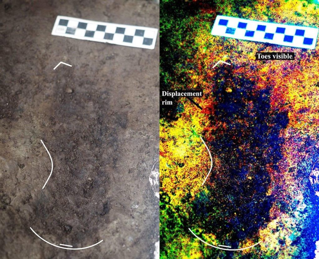 Huella humana de hace 13,000 años, junto a una imagen mejorada- Duncan McLaren