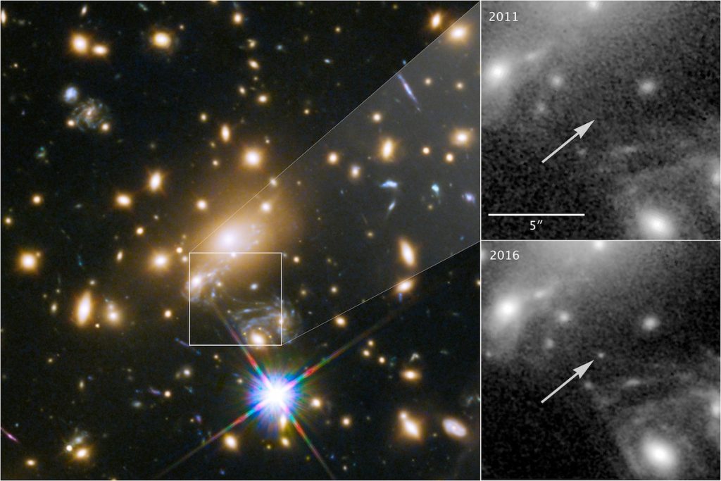 Ícaro, la etrella más lejana observada, en el cúmulo MACS J1149+2223- NASA- ESA, and P. Kelly (University of Minnesota)