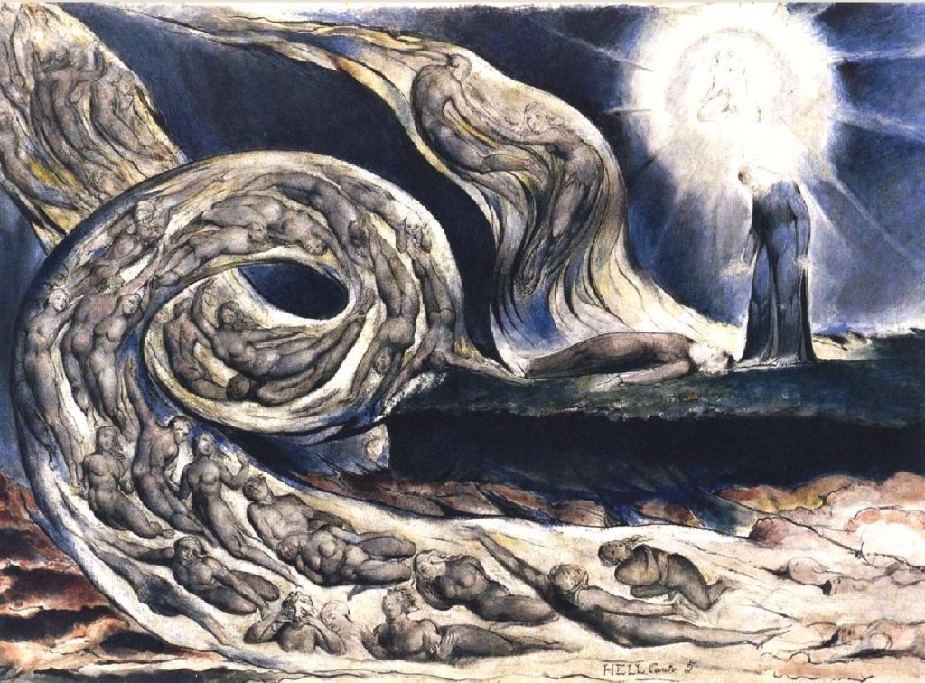 El Torbellino de los amantes- Ilustración de William Blake, a El Infierno, Canto V, de la Divina Comedia de Dante Alighieri
