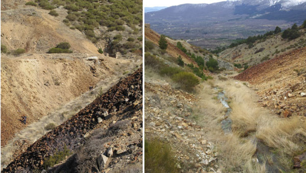 Izquierda, imágenes de los restos de una mina abandonada. A la derecha, el torrente de agua que transporta los elementos contaminantes- Fernando Garrido