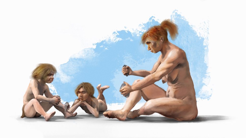 Mujer neandertal enseñando a los niños a tallar- J. A. Peñas, SINC