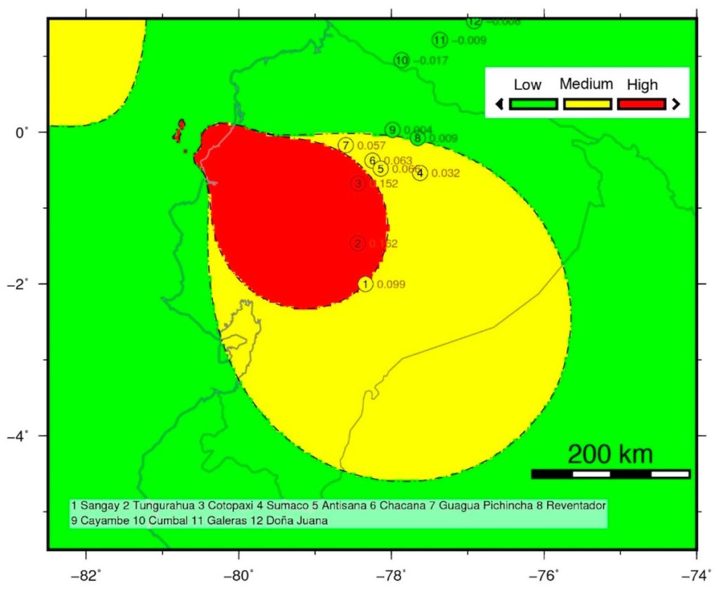 Mapa de volcanes ecuatorianos del Holoceno potencialmente activados por el terremoto de Pedernales del 16 de abril de 2016. La escala de color indica el nivel de activación potencial del volcán. / Béjar-Pizarro, et al., 2018