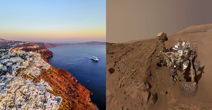En la isla de Santorini se han encontrado rocas basálticas parecidas a las que ha localizado el rover Curiosity en el cráter Gale de Marte. / Nextvoyage-Pixabay/NASA/JPL-Caltech/MSSS