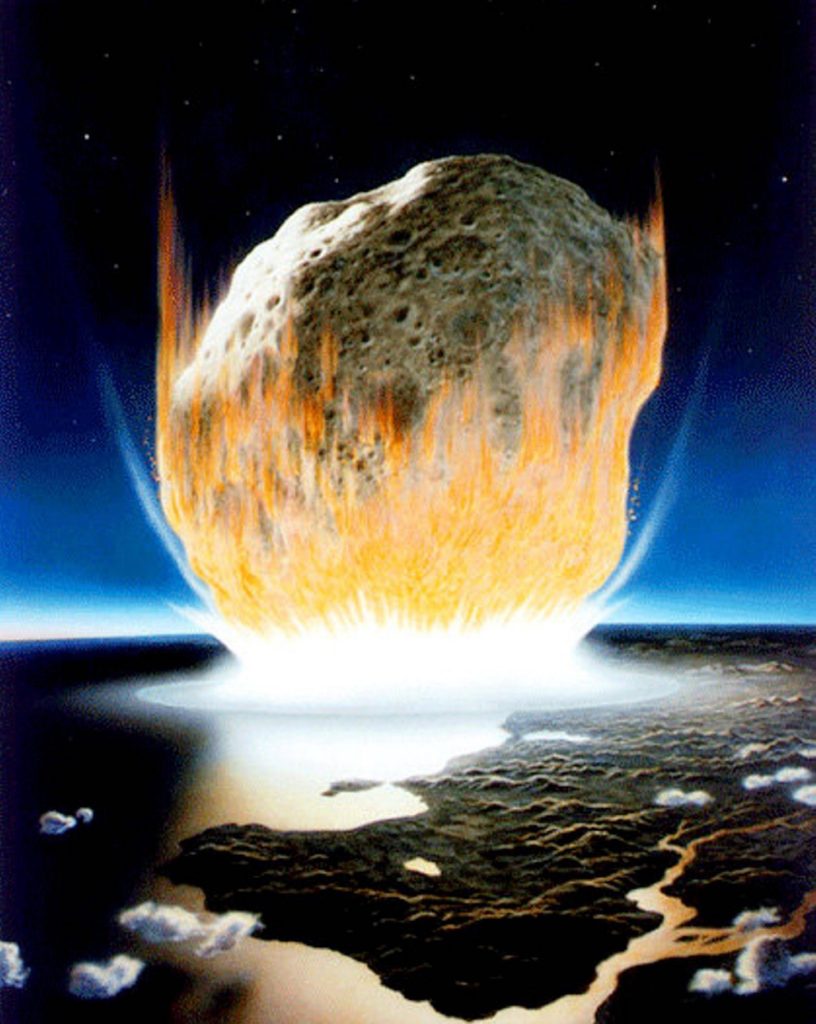 Representación artística del impacto del asteroide que formó el cráter de Chicxulub y provocó la extinción de los dinosaurios- NASA, Don Davis