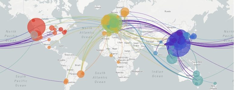 Mapa de Nextstrain reconstruyendo la propagación geográfica de los virus SARS-CoV-2
