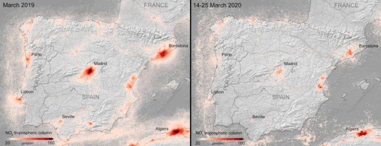 Diferencias en las concentraciones de dióxido de nitrógeno, uno de los principales contaminantes emitidos por los vehículos y la industria, entre marzo de 2019 y marzo de 2020, en España- ESA