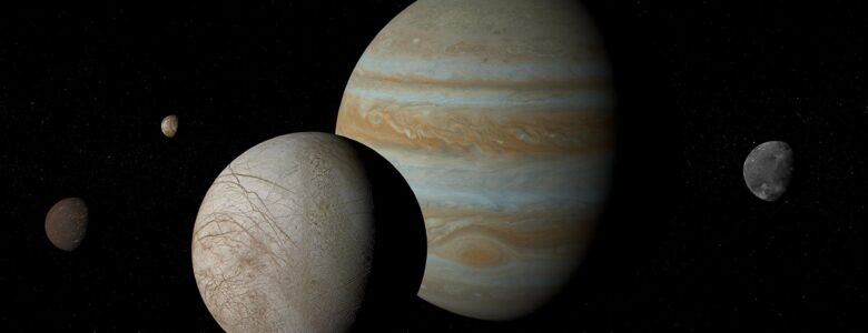 Las lunas Ío, Europa, Ganímedes y Calisto orbitando alrededor de Júpiter